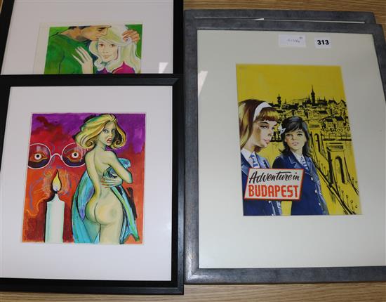 Four 1960s original artwork book illustrations, largest 20 x 28cm